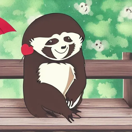 Prompt: anime sloth and slow - loris sitting on a bench arms around each other, sloth wearing bow tie loris holding an umbrella