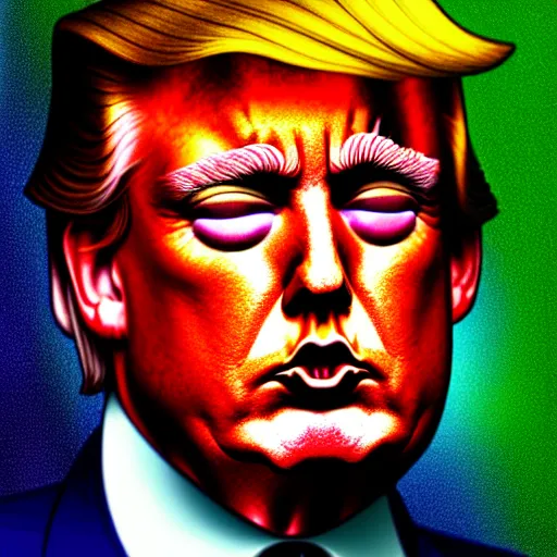 Image similar to an extremely psychedelic portrait of donald trump, surreal, lsd, face, detailed, intricate, elegant, lithe, highly detailed, digital painting, artstation, concept art, smooth, sharp focus, illustration