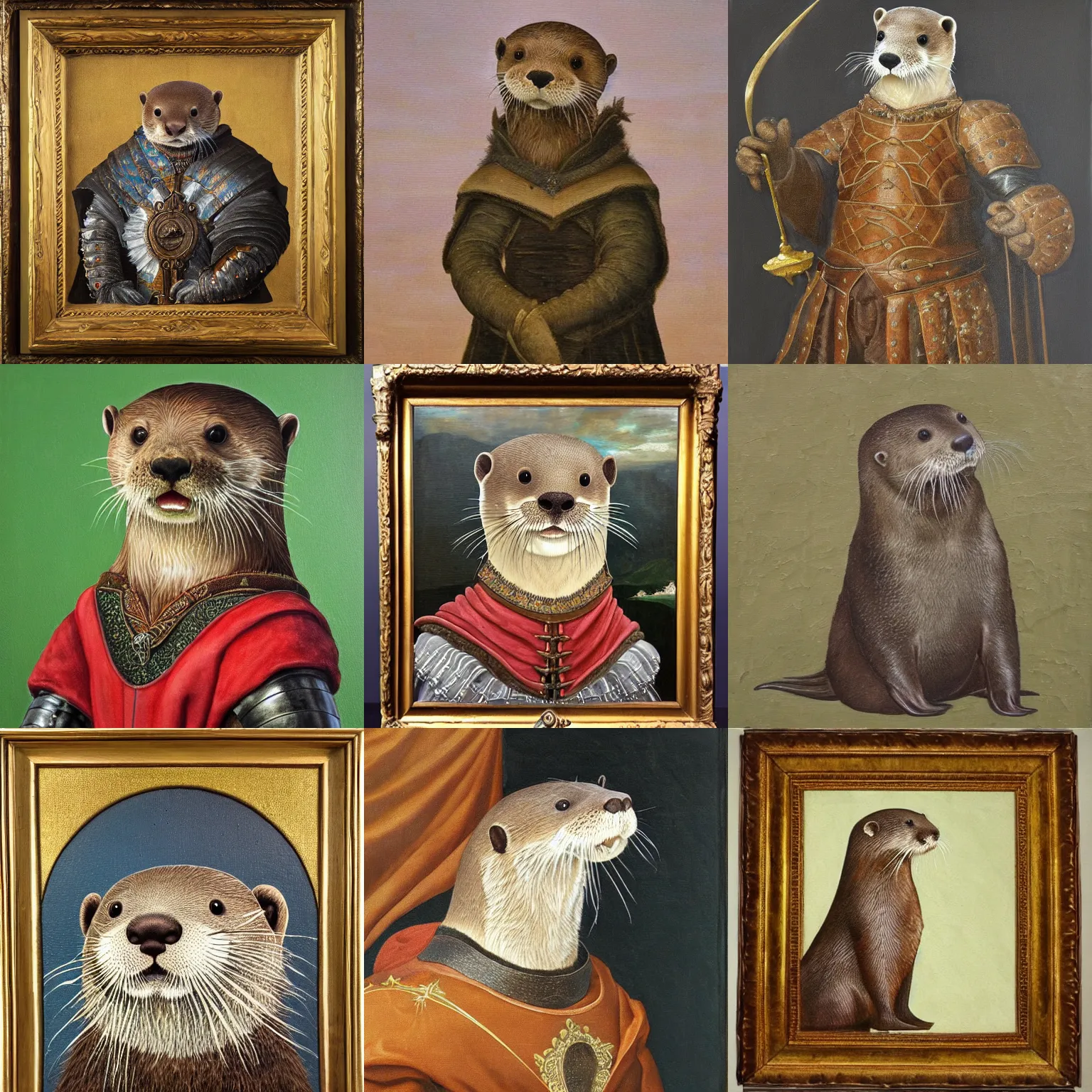 Prompt: Otter in renaissance armor. Finely detailed, oil on canvas.