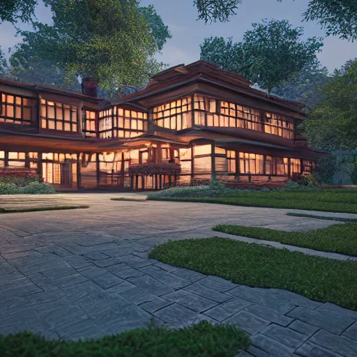 Image similar to Peaceful wooden mansion, unreal engine 5 tech demo, zillow interior, golden hour, living room, cozy, octane render, Frank Lloyd Wright ((Studio Ghibli))