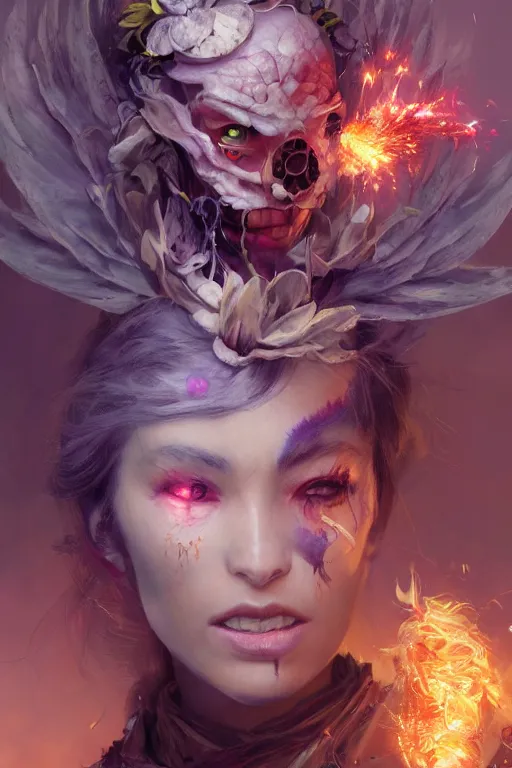 Prompt: face closeup of beautiful girl necromancer, witch - doctor exploding into flowers, angels, 3 d render, hyper - realistic detailed portrait, holding fire and electricity, leaves and magic, ruan jia, wlop. scifi, fantasy, magic the gathering, hyper detailed, octane render, concept art, peter mohrbacher