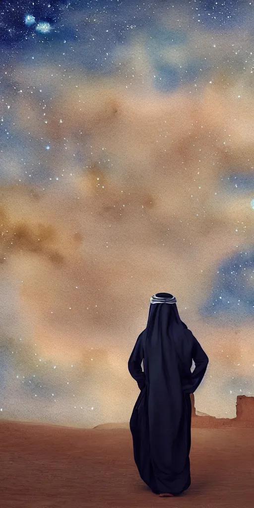 Image similar to an arab person with his back standing in the desert with sky with stars in watercolor, cinematic, highly detailed wide, atmospheric lighting, muted colors