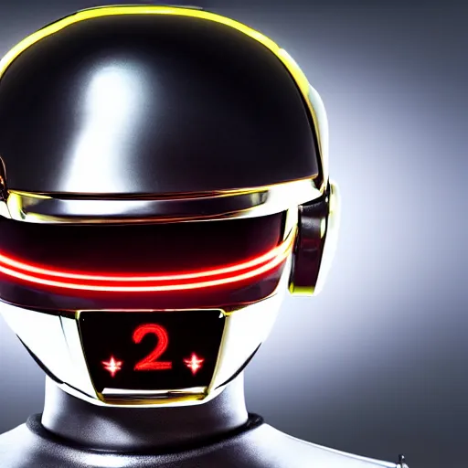 Image similar to daftpunk deluxe humanoid robots front head daftpunk curved screen displaying red glowing Error, his head shows a red glowing Error message, background dark, 40nm lens, shallow depth of field, split lighting, 4k,