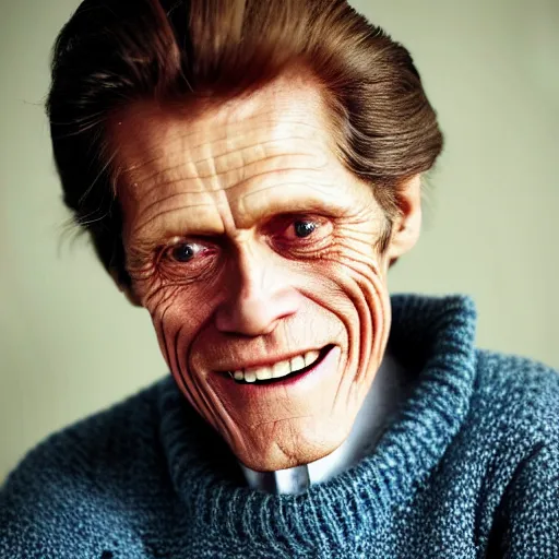 Image similar to A photograph of old Willem Dafoe in his eighties wearing a sweater in the 2010s, taken in the late 2010s, taken on a 2010s Camera, realistic, hyperrealistic, very realistic, highly detailed, very detailed, extremely detailed, detailed, digital art, trending on artstation, headshot and bodyshot, detailed face, very detailed face