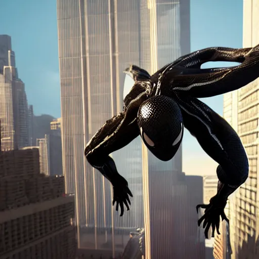 Image similar to a single venom and spider - man hybrid, dslr, cinematic, volumetric lighting, 8 k resolution, photorealistic