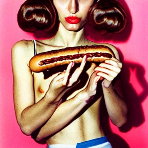 Image similar to a fashion model curls her hair using hot dogs. surreal photograph, toiletpaper magazine, 3 5 mm photograph, by pierpaolo ferrari, maurizio cattelan