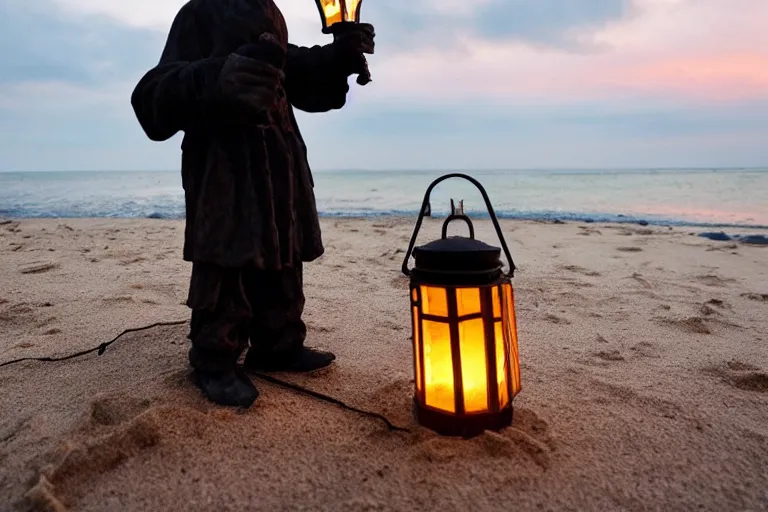 Image similar to closeup old man holding up a lantern on the beach in a pirate bay meet to a old wood shack by emmanuel lubezki