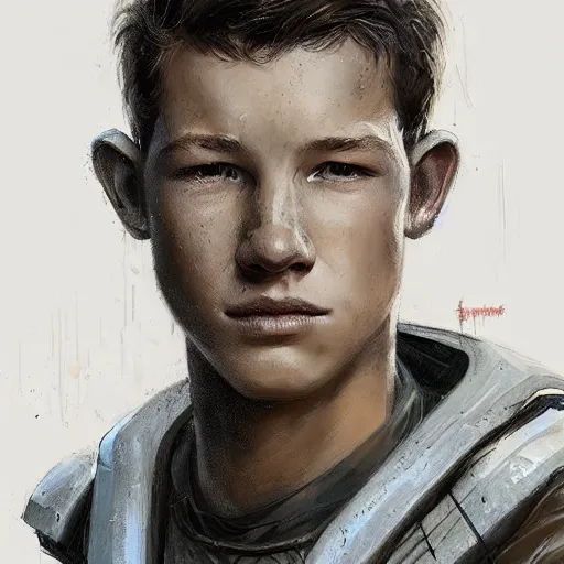 Image similar to portrait of a man by greg rutkowski, he looks like tye sheridan, he is about 2 0 years old, messy brown hair, tired eyes, he is wearing a black and white kevlar superhero suit, highly detailed portrait, digital painting, artstation, concept art, smooth, sharp foccus ilustration, artstation hq