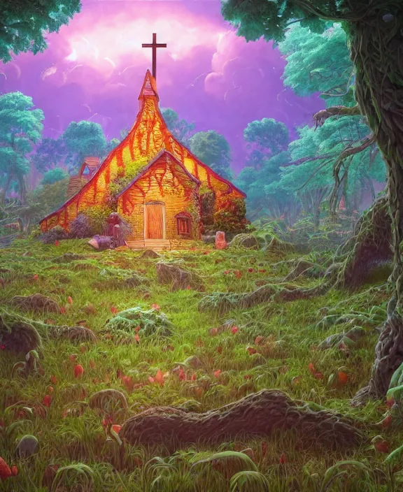 Image similar to a simple, whimsical church made from food, overgrown with huge exotic fungus, deep in the woods, cheerful, stormy, by dan mumford, yusuke murata, makoto shinkai, ross tran, dreamy, cinematic, unreal engine, cel shaded, featured on artstation, pixiv