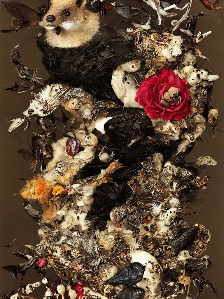 Prompt: Detailed maximalist portrait with cracked porcelain skin, dark doe eyes, a small rosebuf mouth, feather and milk, beetles and cicadas, fox fur and weasels, humminbirds and crows, HD mixed media, 3D collage, highly detailed and intricate, surreal illustration in the style of Caravaggio, dark art, baroque