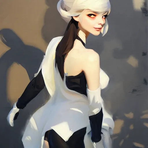 Image similar to greg manchess portrait painting of white pale skinny young girl 1 8 with long black hime haircut as overwatch character, and two cats beside, medium shot, asymmetrical, profile picture, organic painting, sunny day, matte painting, bold shapes, hard edges, street art, trending on artstation, by huang guangjian and gil elvgren and sachin teng