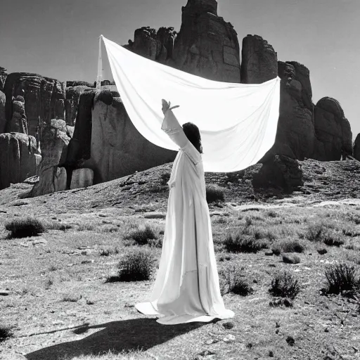 Image similar to photo, a woman wearing a giant wide flowy white sheet with her arms out and a vintage western movie being projected on it, standing inside a dark western rocky scenic landscape, volumetric lighting