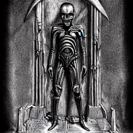 Prompt: full-body dark creepy gothic H.R. Giger realistic diagram drawing central composition a decapitated soldier with futuristic elements. he welcomes you with no head, dark dimension, empty helmet inside is occult mystical symbolism headless full-length view. standing on ancient altar eldritch energies disturbing frightening, hyper realism, 8k, sharpened depth of field, 3D