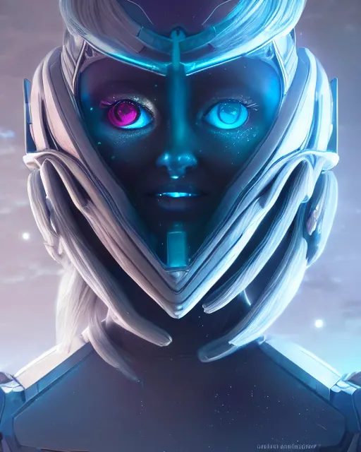 Image similar to perfect android girl on a mothership, warframe armor, beautiful face, scifi, futuristic, galaxy, nebula, raytracing, dreamy, long white hair, blue cyborg eyes, sharp focus, cinematic lighting, highly detailed, artstation, divine, by gauthier leblanc, kazuya takahashi, huifeng huang