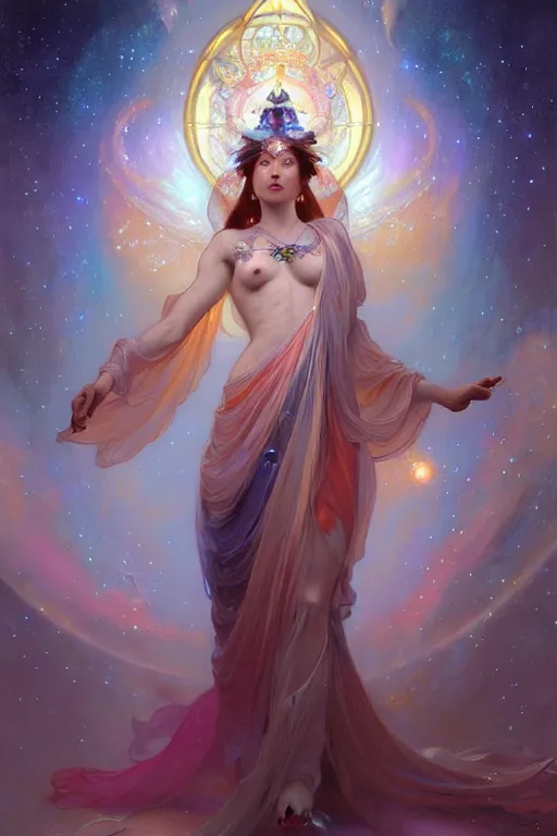 Image similar to Full view realistic ethereal stunning Celestial Goddess of cosmic nebula in a beautiful dress, 4k digital painting masterpiece by Mandy Jurgens and Ruan Jia, ornate Iconography background in the style of Alphonse Mucha, tarot card, amazing, magnificent, mystical, Hyperdetailed, award winning art, Ross Tran, wlop, Artgerm, Craig Mullins, detailed and realistic, soft lighting, intricate details, realistic, full view, Artstation, CGsociety