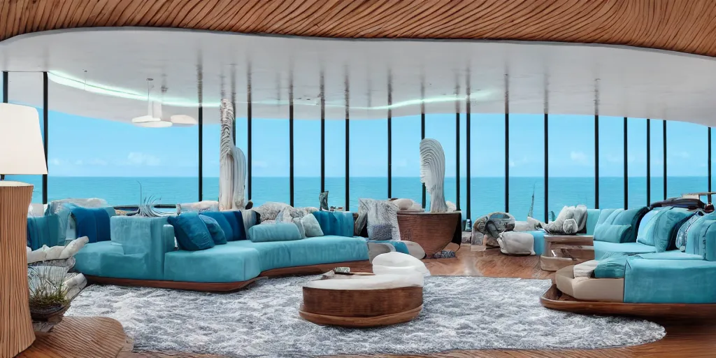 Image similar to a modern hi tech living room in a ocean hues style next to a big terrace overlooking the ocean, a luxurious wooden coffee table with large seashells on top in the center, inspired by the ocean, calm, relaxed style, harmony, wide angle shot, 8 k resolution, ultra detailed