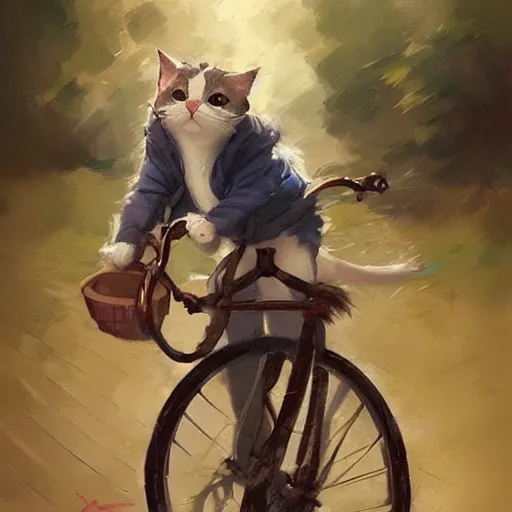 Image similar to head and shoulders masterpiece portrait of cute cat riding a bicycle, digital art by Krenz Cushart, trending on artstation