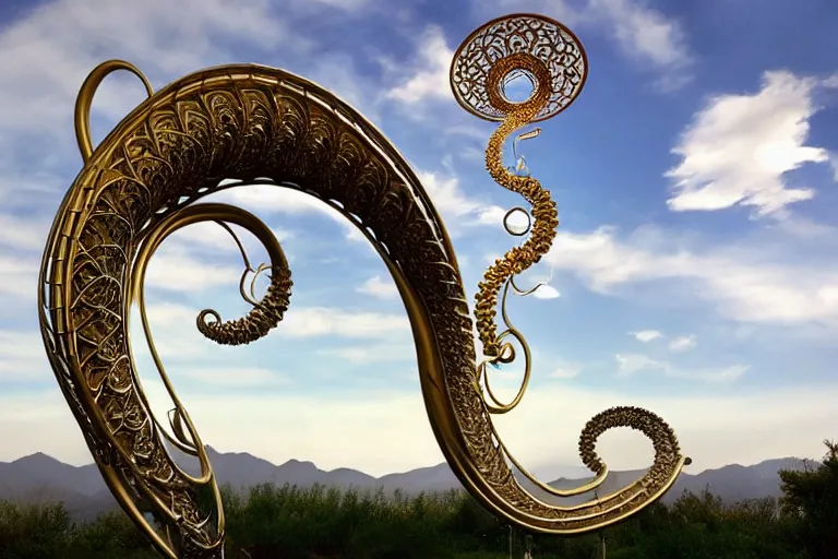 Image similar to many intricate elegant tuba cloud sculpture garden, art nouveau environment, soothing, milky way, award winning art, epic dreamlike fantasy landscape, ultra realistic,