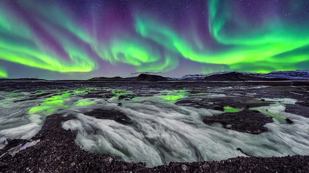 Image similar to summer iceland astrophotography, beautiful night sky, aurora borealis, award winning photograph, national geographic, vincent van gogh