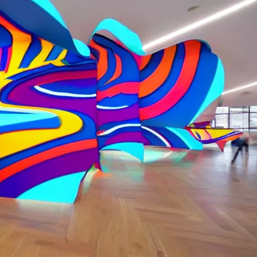 Prompt: : smooth hyperbolic abstract shapes with hyper color glossy coating museum art installation