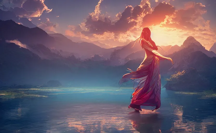 Image similar to Himalayan priestess dancing on water, beautiful flowing fabric, sunset, dramatic angle, 8k hdr pixiv dslr photo by Makoto Shinkai ilya kuvshinov and Wojtek Fus