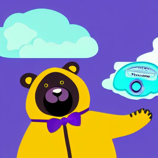 Image similar to cartoon animated bear wearing clothes being launched out of a futuristic machine into a purple and orange cloud land