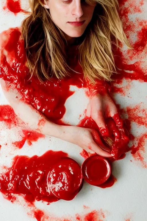 Image similar to melanie laurent made out of ketchup, ketchup in the shape of a human being, professional food photography