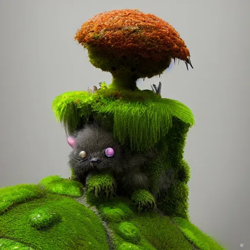 Prompt: a highly detailed digital painting of a tiny cute mossy forest creature by bobby chiu, trending on artstation, octane render, 4 k, unreal 5, macro photography, goro fujita
