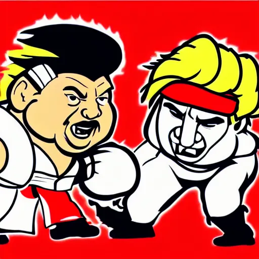 Image similar to xi jinping vs donald trump, street fighter, fight, fistfight, digital art, cartoon style