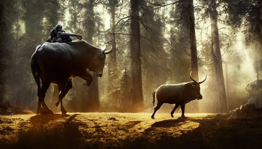 Image similar to american astronaut in the forest riding a bull, objects well lit, plants environment, wide angle, cinematic lighting, atmospheric, realistic, octane render, highly detailed, color graded, in the style of craig mullins