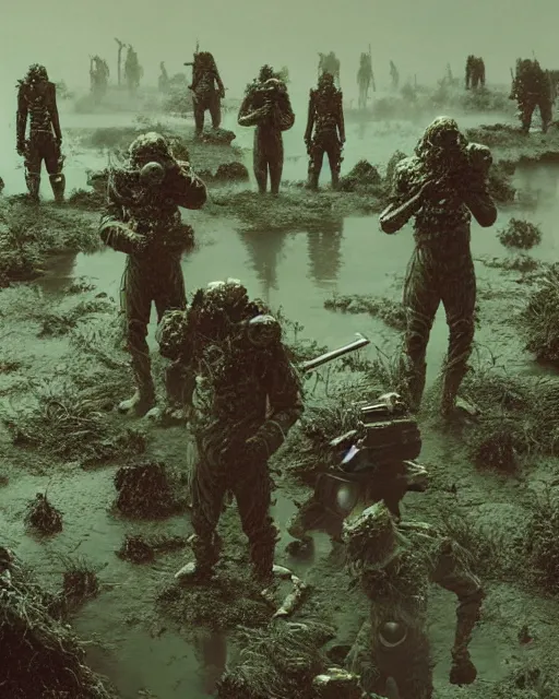 Image similar to group of sardaukar soldiers in a chlorine swamp, green hour, retrofuturism sci - fi old movie, highly detailed, photorealistic, 8 k, by beksinski and stalenhag