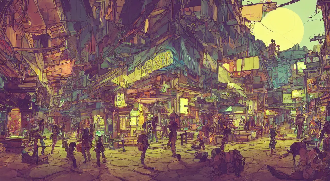 Image similar to bazaar zouk oriantal full color sky shine place mosquet painting stylized cutout vector digital illustration video game icon global illumination ray tracing that looks like it is from borderlands by victo ngai, andreas rocha, john harris and feng zhu and loish and laurie greasley,