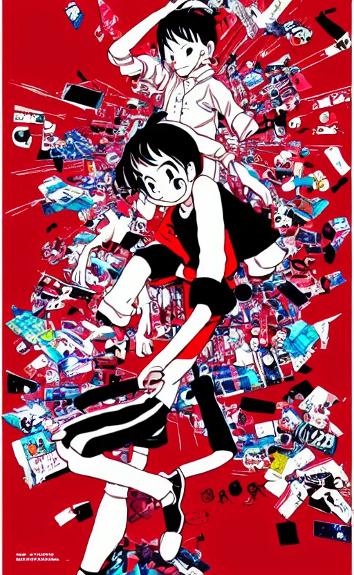 Prompt: manga, monochrome, toriyama akira, portrait of a girl character, modern clothing, sneaker shoes, pop fashion, red shirt, arcade cabinet