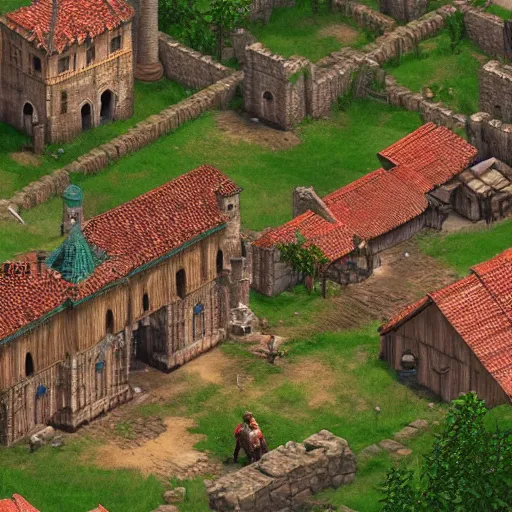 Prompt: photoreal, age of empires two, isometric view of medieval town, 4k, high detail,