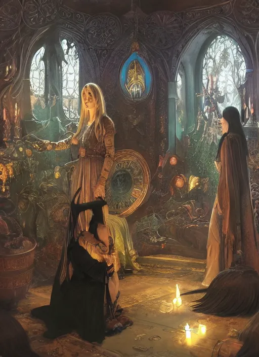 Prompt: mindcontrol inside covens den, intricate wiccan scene detailing, textless, hyperornate wiccan photorealistic mindcontrol, highly detailed, photorealistic, diffuse lighting, hdrp, artstation, unreal 5, smooth, sharp focus, art by john collier, albert aublet, krenz cushart, artem demura, alphonse mucha