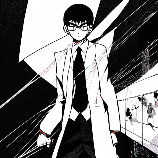 Image similar to Agent 47 in a scene from neon Genesis Evangelion, manga, hyper detailed
