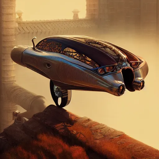 Image similar to cyborg vintage flying supercar slick warm tones : by michal karcz, daniel merriam, victo ngai and guillermo del toro : ornate, dynamic, particulate, intricate, elegant, highly detailed, centered, artstation, smooth, sharp focus, octane render