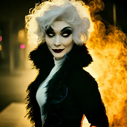 Image similar to disney cruella devilla, 8 k, professional photography, cinematic shot, dark, smoke