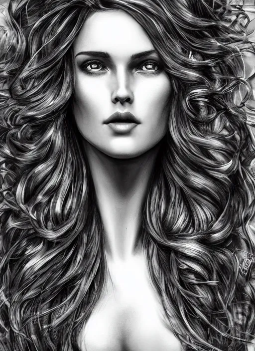 Image similar to up close portrait of a beautiful woman in black and white, photorealistic, intricate hair, art by diego fazio and diegoKoi and oscar Ukono, concept art, sharp focus, artgerm, 8k highly detailed