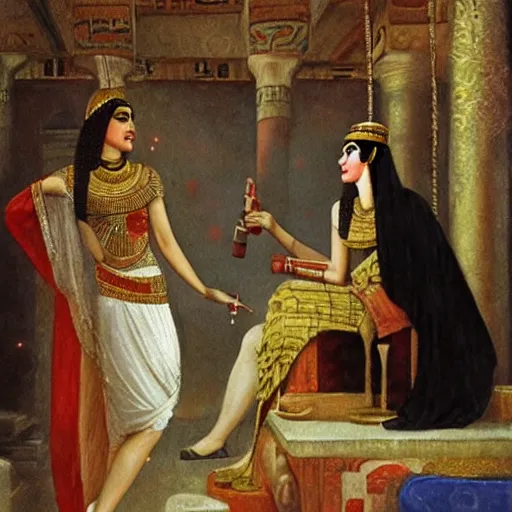 Prompt: an oil panting of cleopatra with her boyfiriend in egypt with fireworks