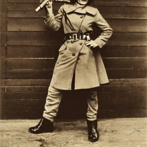 Prompt: photograph of soviet chekist comrade emma watson, posing in a long leather coat with a mauser c 9 6, vintage revolution photograph, famous photo