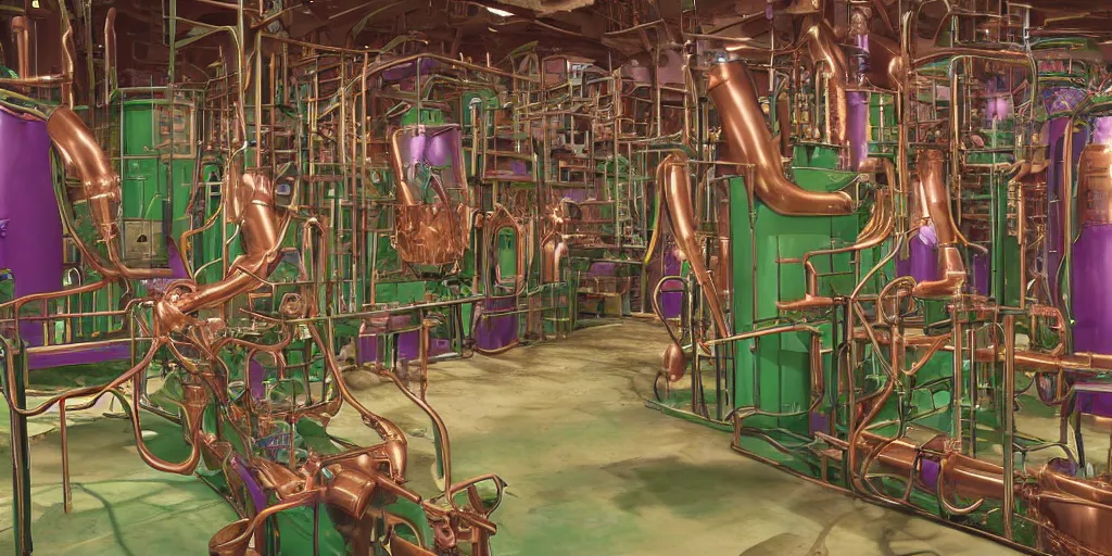 Image similar to machine apparatus for making snake oil, huge copper machine fed by a hopper of purple snakes, green pipework, art by glenn fabry and wayne barlowe, barrels of snake oil in a hermetically sealed production line, artificial lighting, film still from the family medicine depot movie 3 d, 8 k