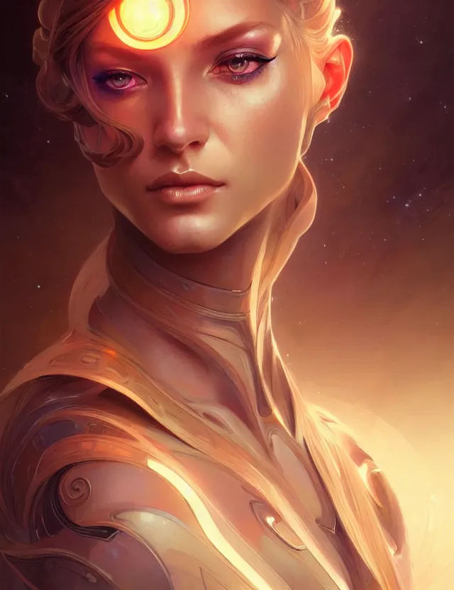 Image similar to futuristic woman portrait, sci-fi, amber eyes, face, long hair, fantasy, intricate, elegant, highly detailed, digital painting, artstation, concept art, smooth, sharp focus, illustration, art by artgerm and greg rutkowski and alphonse mucha