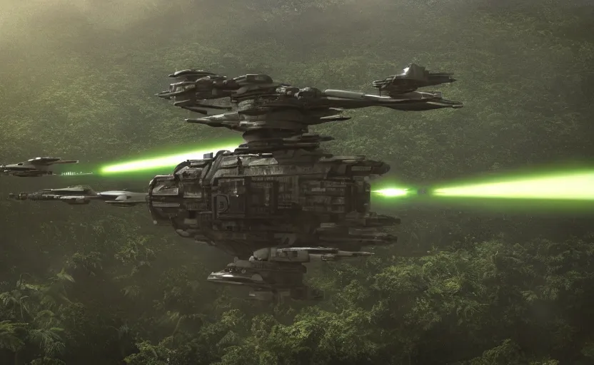 Image similar to photo of sci - fi gunship landing on jungle complex base, ultra detailed, movie frame, cinematical composition, 4 k, breaking bad