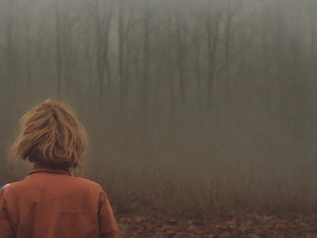 Image similar to close up portrait bust of woman sitting on fence, tired expression, faded color film, russian cinema, tarkovsky, technicolor, heavy forest, wood cabin in distance, shallow depth of field, long brown hair, old clothing, heavy fog, atmospheric haze, brown color palette, sunset, low light, hudson river school, 4 k, dramatic lighting