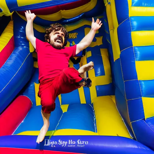 Image similar to peter dinklage jumping in a bouncey castle at a birthday party, ( sony a 7 r iv, symmetric balance, polarizing filter, photolab, lightroom, 4 k, dolby vision, photography awardm, voque, perfect face )