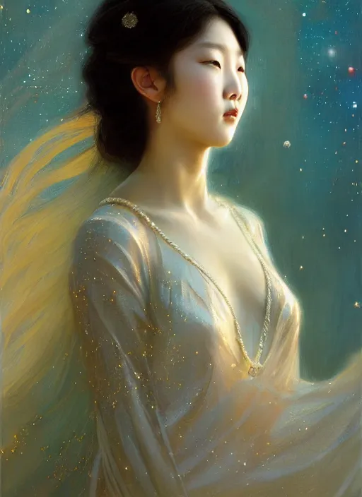 Image similar to young korean woman, goddess of starlight, long flowing hair, modest flowing gown, smug expression, highly detailed painting by gaston bussiere, craig mullins, j. c. leyendecker 8 k, sparkling nebula