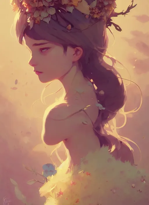 Prompt: portrait of cute fairy girl with crown of flowers fantasy, by atey ghailan, by greg rutkowski, by greg tocchini, by james gilleard, by joe gb fenton, by kaethe butcher, dynamic lighting, gradient light yellow, brown, blonde cream and white color in scheme, grunge aesthetic