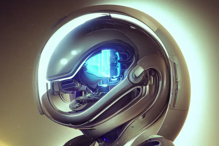 Prompt: portrait of a biomechanical head inside a futuristic space helmet, vintage, neon, white metal, iridescent visor, smooth, sharp focus, high detail, deviantart, artstation, halo, octane render, cinematic, hyper realism, 8k, depth of field, bokeh, art by Tooth Wu and wlop and beeple and dan mumford and greg rutkowski