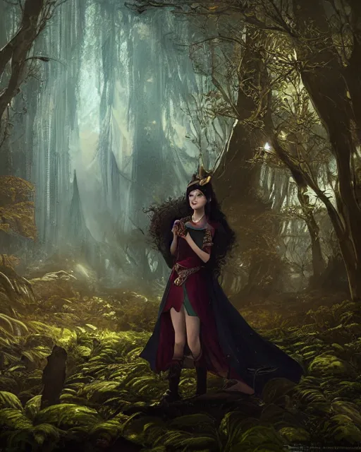 Image similar to a anya taylor joy as dnd elf with black hair black dress as pathfinder in a nebula forest by greg rutkowski, high key lighting, volumetric light, digital art, highly detailed, fine detail, intricate, ornate, complex, octane render, unreal engine, photorealistic digital painting, artstation, concept art, sharp focus, art by greg rutkowski and alphonse mucha